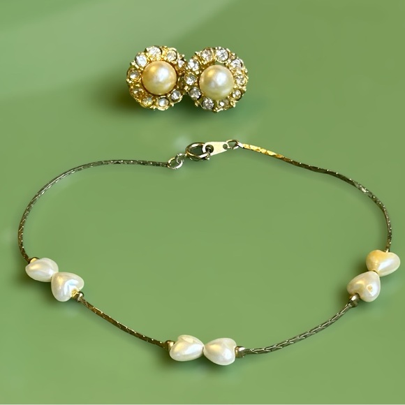 Jewelry - Timeless Vintage Faux Pearl Heart Bracelet and Rhinestone Earrings Set Classic